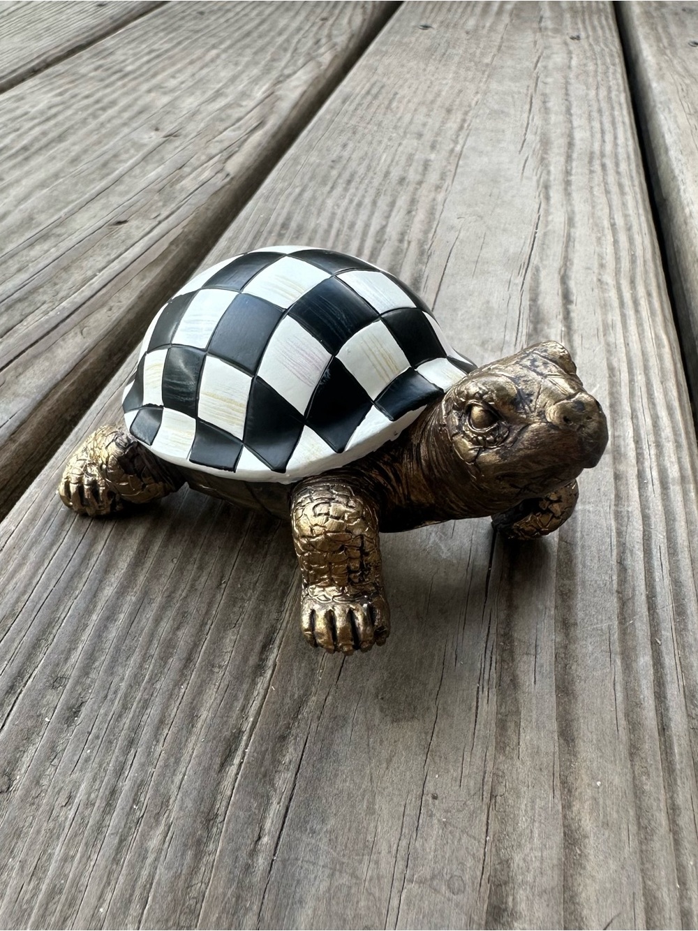 Mackenzie Childs Turtle Pot Climber Courtly Check Black White Gold